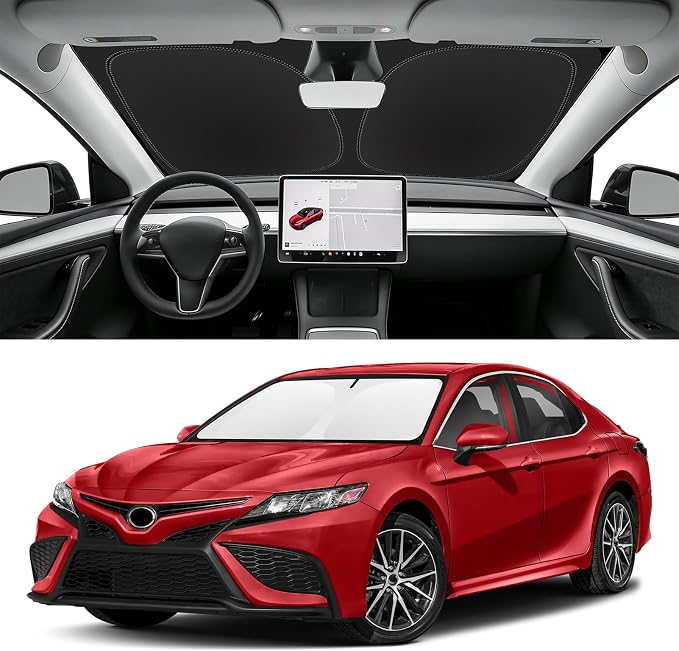 Custom Fit Windshield Sun Shade for Toyota Camry 2018-2024 | Blocks UV Rays and Sun Heat, Helps Reduce Interior Temperature, Protects Dashboard from Fading, Folds Easily for Storage by SLOGENTO