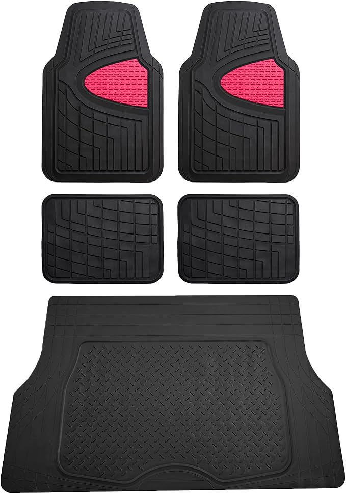FH Group Premium Liners Tall Channel Trimmable All Weather Rubber Full Set Car Floor Mats (Pink) w. Trimmable All-Season Cargo Liner (Black) - Universal Fit for Cars Trucks and SUVs by FHGroup