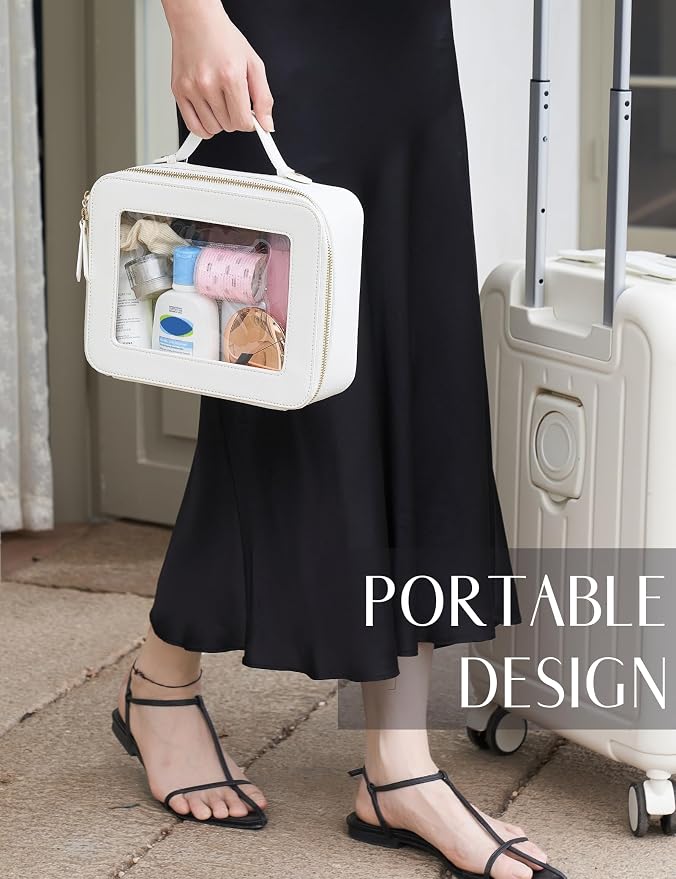 Clear Toiletry Bag 2 Pack, Travel Makeup Bag Medium and Large White | Structured Clear Cosmetic Case with Zipper, Car Essential Organizer Bag for Women, Waterproof PU Leather, Wide Open Portable - Image 4