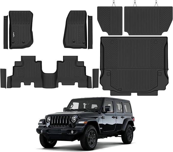 Floor Mats for 2014-2017 Jeep Wrangler JK 4-Door Accessories | (Not for JL or 4XE or 2 Door) Trunk Mat & Backrest Mats & Door Sill Guard All Weather TPE Interior Floor Liners by Bingoliner