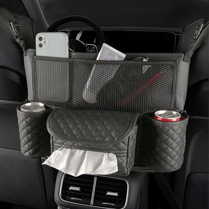 XINLIYA Car Handbag Holder Between Seats, PU Leather Multi-Pocket Large Capacity Purse Holder, Auto Net Bag Barrier of Backseat Pet Kids, Car Seat Organizers and Storage for Cargo Tissue Cup（Black） - Image 6