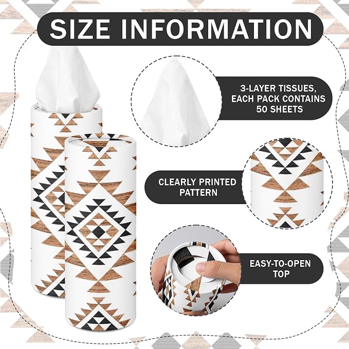 Arttown Car Tissue Holder for Cup Holder Facial Tissues 12 Pack Aztec | Western Bulk 3-Ply,Refillable Marble Print Cylinder Tissue Boxes,Fit Car Home Office School (600 Sheets Total,50 Sheets Each) - Image 4