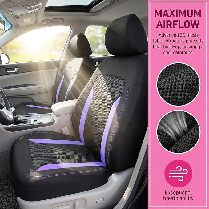 Car Seat Covers, Breathable Split Anti-Slip Vehicle Front Seat Protector with Removable Headrest Guard, Automotive Interior Chair Protective Covers, Universal for SUV Automobile Truck (Purple) - Image 3