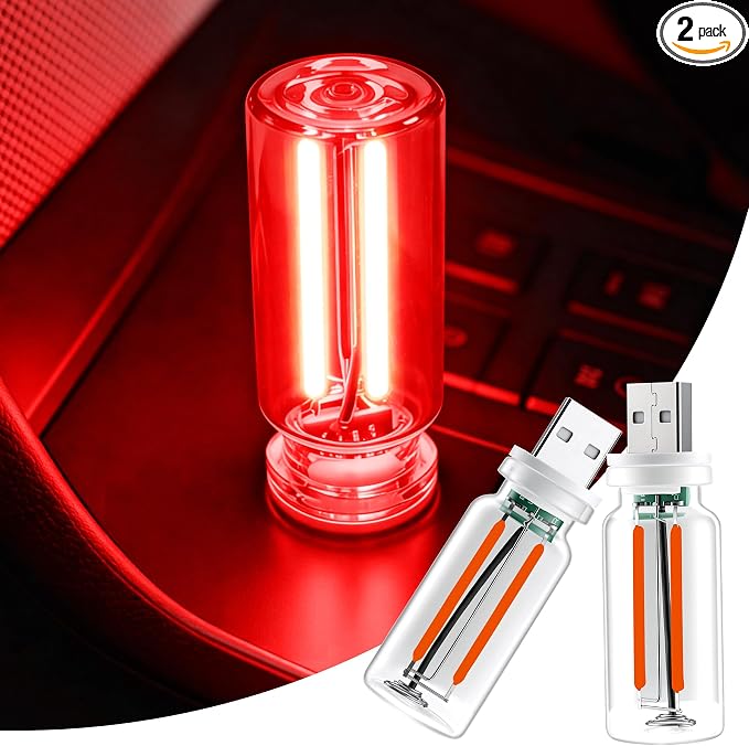 iFunyLED Car Interior USB LED Night Light, Portable Touch dimmable Car Ambient Lighting Kit, Retro Mini Transparent Glass Bottle Lamp Decorations for Vehicle Camping Bedroom Hallway, Pack of 2(Red) by iFunyLED