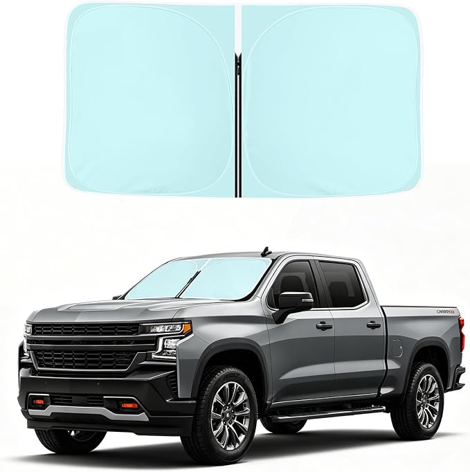 Windshield Sun Shade for Chevy Silverado/GMC Sierra 1500 2500 3500 2019-2026, Foldable Front Windshield Sunshade UV Blocker, Custom Fit Car Sun Shade for Truck Interior Heat Protection by CORROY