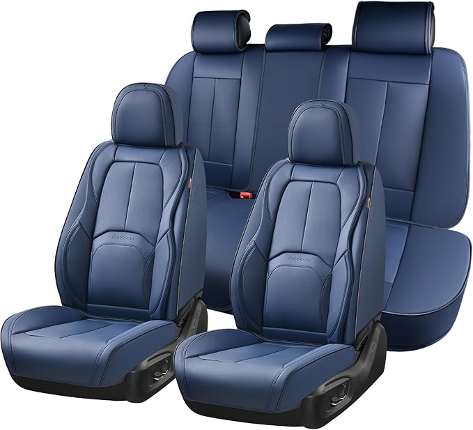 Coverado Car Seat Covers Full Set, Blue Car Seat Cover, Nappa Leather Seat Covers for Cars, Waterproof Car Seat Protector with Lumbar Support, Automotive Seat Covers Universal Fit for Most Cars (Blue) by COVERADOAUTO