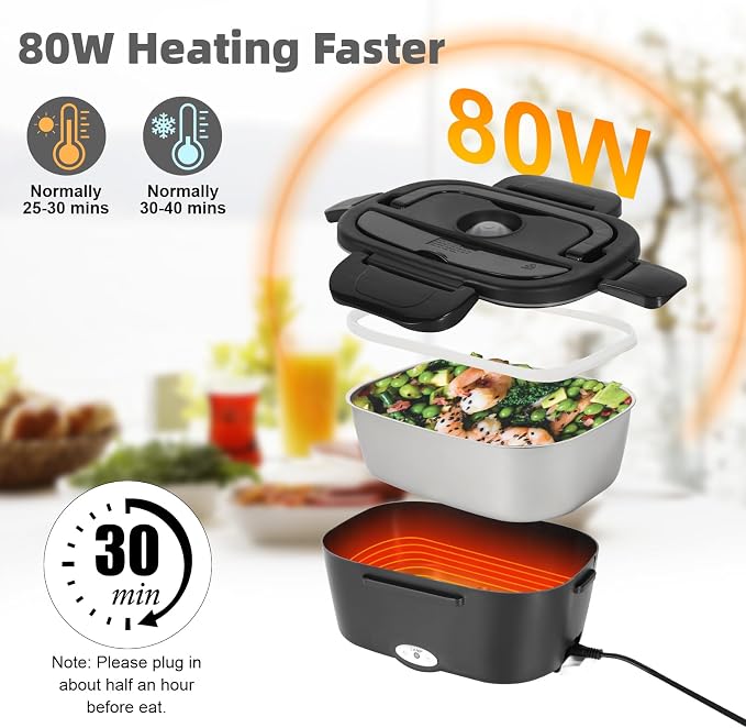 SOHIDA 1.5L Electric Lunch Box, 80W Heated Lunch Box (Matte Black) | Portable Warmer for Car/Truck/Work, 12V/24V/110V Lonchera Eléctrica Portátil, Suitable for Ideal Driver/Work/Gift - Image 5