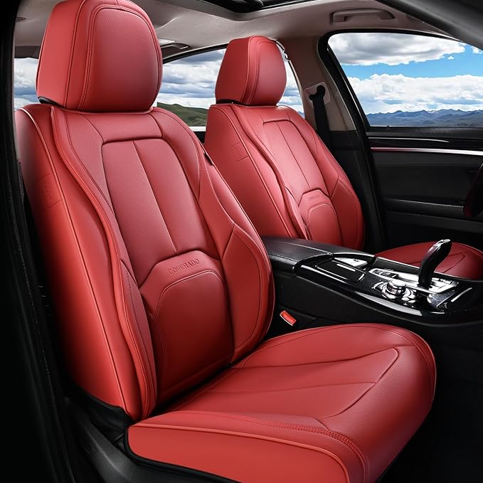Coverado Car Seat Covers Full Set, Premium Nappa Leather Seat Covers for Car, Waterproof Car Seat Protector with Lumbar Support, Automotive Seat Covers Universal Fit for Most Cars SUV Truck, (Red) - Image 9