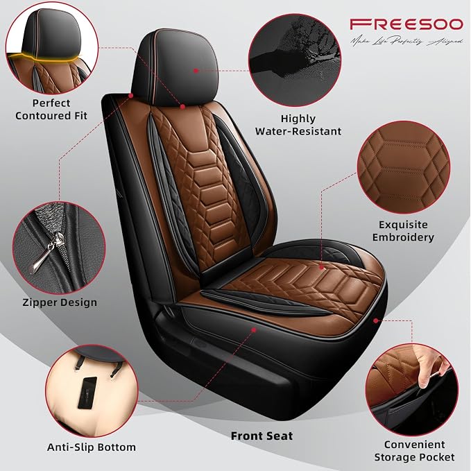 FREESOO for Toyota Tundra Seat Covers 2007-2021 Crewmax Cab 2 Front Set | 2pcs, Custom Fit, Airbag Compatible, Premium Waterproof Leather, for Truck Toyota Tundra Accessories, BlackBrown - Image 4