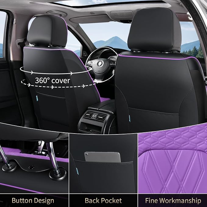FLORICH Seat Covers Full Set Leather Automotive Seat Cover Full Coverage Vehicle Car Seat Covers Waterproof Purple Seat Cover Protector Universal Fit for Most Car Truck SUV, Black&Purple - Image 3