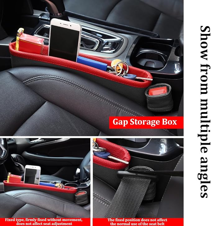 2PCS Car Seat Gap Filler Organizer, Leather Seat Gap Catcher Holder Pocket for Phones Keys Glasses, Auto Center Console Side Crevice Stopper Storage Box, Universal for Vehicles (Black/Red) - Image 3