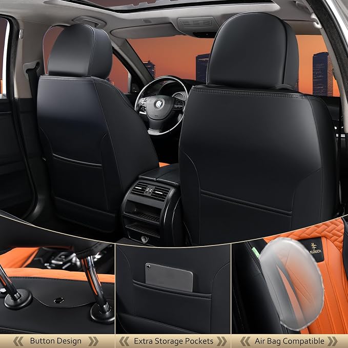 Leather Seat Covers, Car Seat Covers Full Set, Car Seat Protectors 5 Seats, Automotive Seat Covers Driver Seat Covers Fit for Most Cars Trucks SUV-Black&Orange - Image 3
