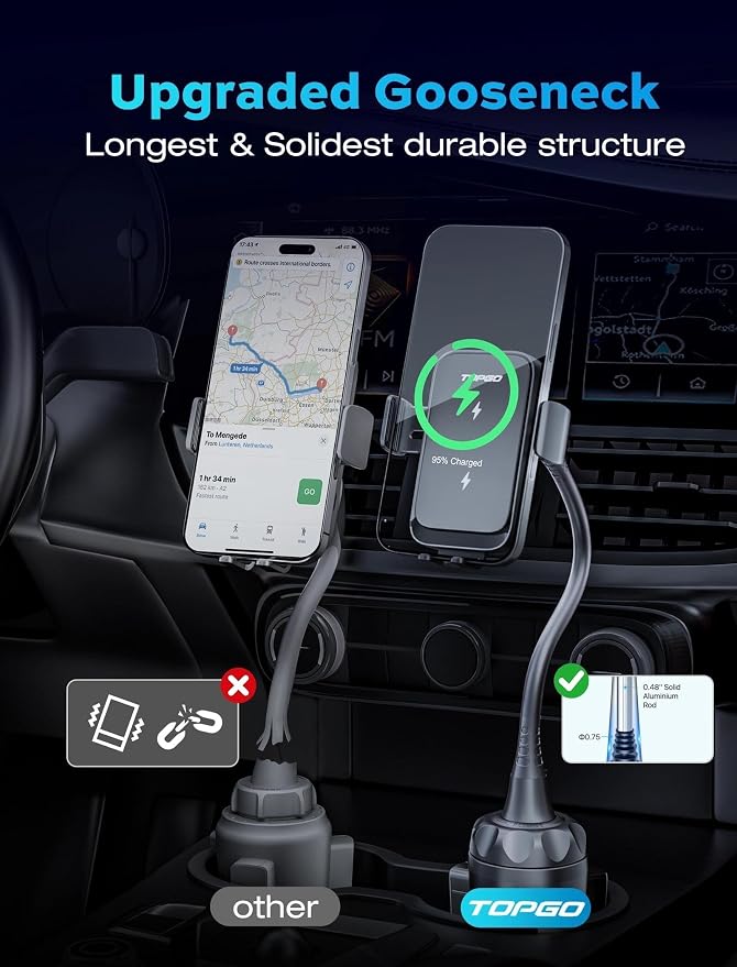 Dual Coil Cup Phone Mount Wireless Charger, Universal Cell Phone Holder, Cup Holder 15W Fast Charging for iPhone 17 16 Pro Max, Samsung Galaxy - Black - Image 5