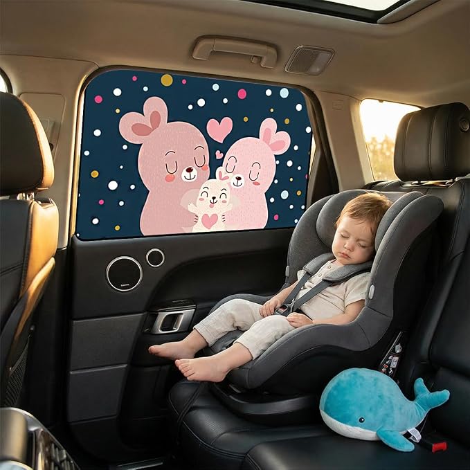 Magnetic Car Window Shade for Baby, Cartoon Pattern Automotive Side Window Blackout Curtain, Vehicle Sun Shade UV Privacy Protection Heat Blocking Cover, Universal Fit (Rabbit) - Image 3