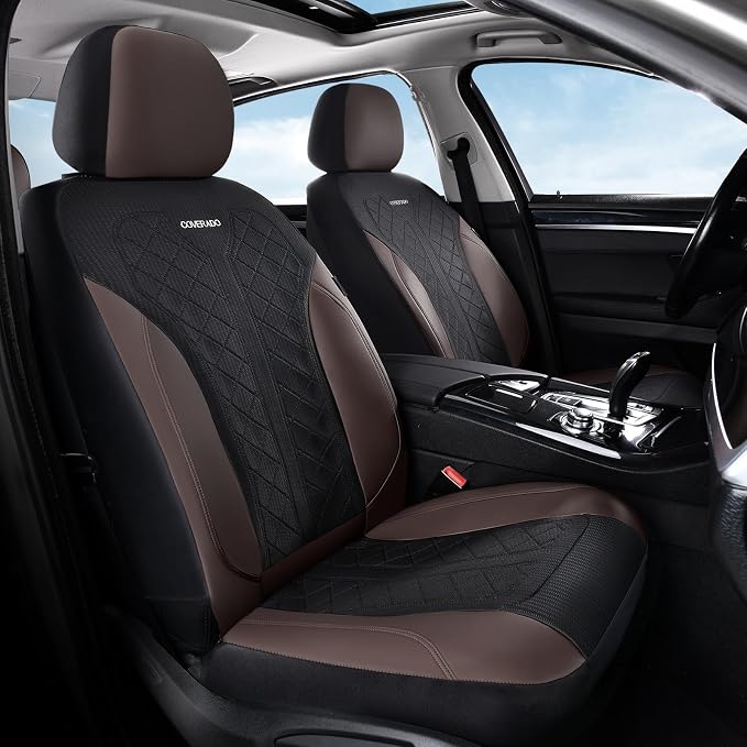 Coverado Seat Covers for Car 5 Seats, Leather Car Seat Covers Fullset, Breathable Mesh Front and Rear Protectors, Coffee Luxury Automotive Covers, Universal Fit for SUV, Truck, Sedan - Image 2