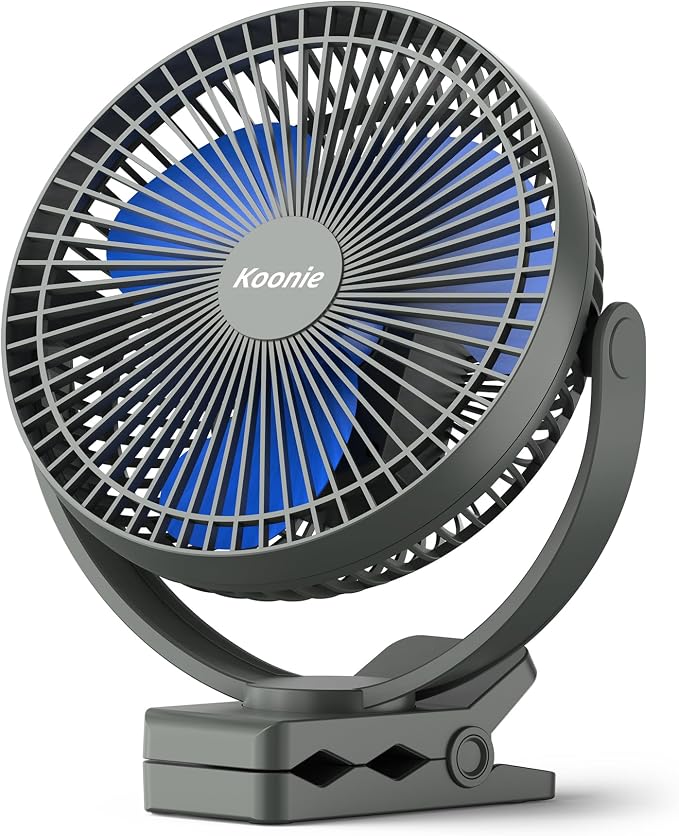 Koonie 8" Clip on Fan, 10000mAh Rechargeable Battery, Strong Airflow | 4 Speeds, Sturdy Clamp, Ideal Portable USB Desk Fan for Office, Golf Cart, Camping, Travel, Tent, Outdoor, Treadmill & Gym by Koonie