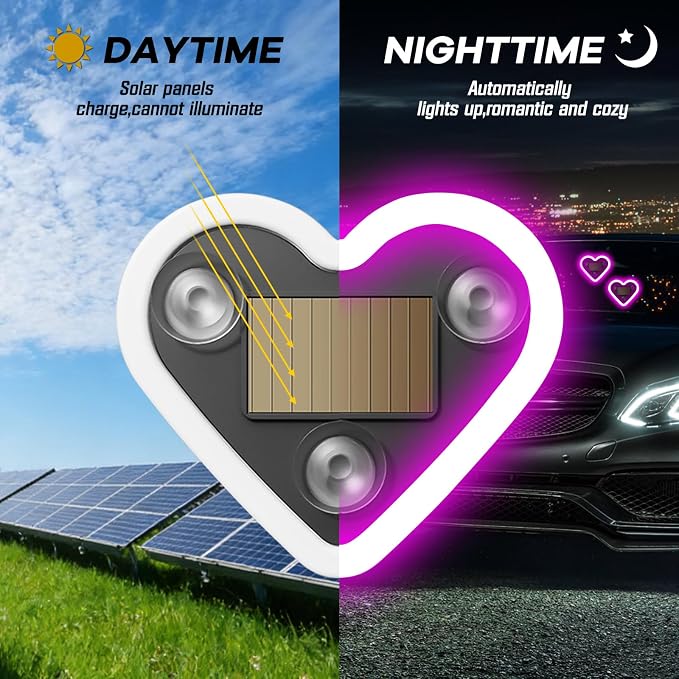 Car Window Wireless LED Ambient Light Solar Powered Love Heart Shaped Neon Lamp for Night Driving Interior Decor Accessories Romantic Gift for Women Girl Couples-Pink - Image 3
