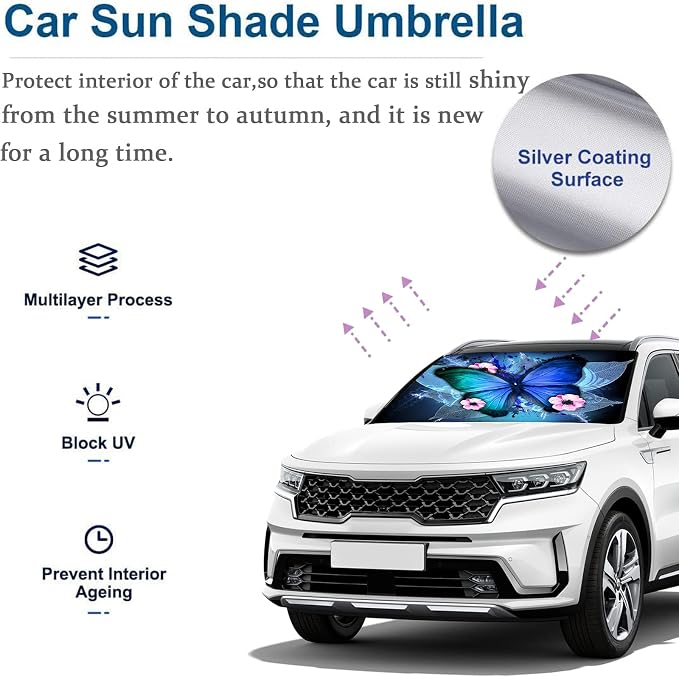 Blue Monarch Butterfly Car Windshield Umbrella,Large Size Windshield Sun Shade Umbrella for Front Windows,UV Rays and Heat Sun Visor Protector Foldable Reflector Sun Shield Fits Most Vans SUVs - Image 5