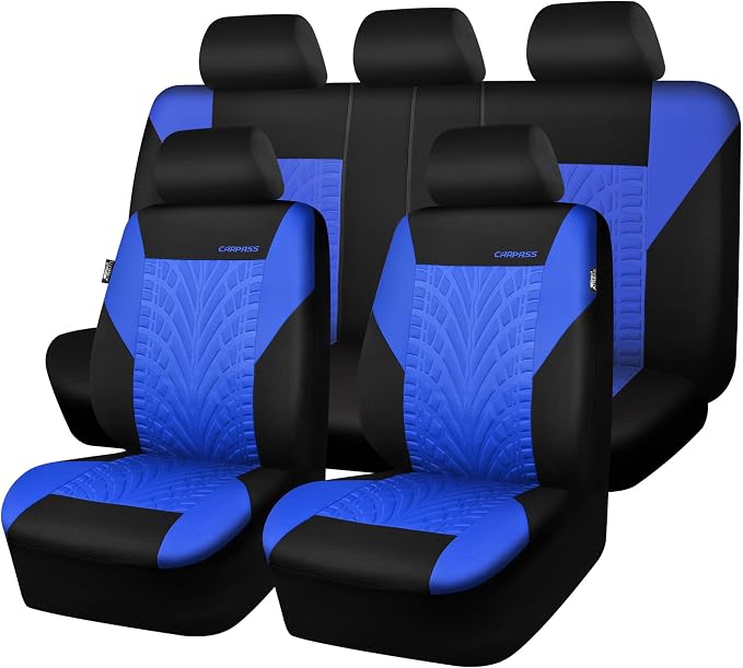 CAR PASS Car Seat Covers Full Sets, Front & Split Rear Bench for Car, 3D Tyre Embossed Automotive Interior Covers, Airbag Compatible, Quick Setup Universal Fit Seat Covers for Car, SUV(Black Blue) by CARPASS