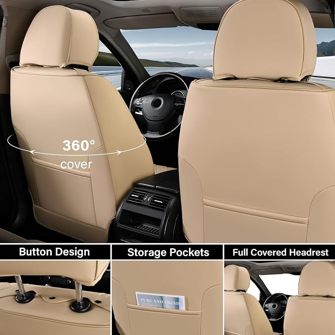 Coverado Seat Covers, Car Seat Covers Front Seats, Waterproof Nappa Leather Auto Seat Cover with Lumbar Head Pillow, Beige Seat Covers Carseat Cover Universal Fit for Most Cars - Image 4