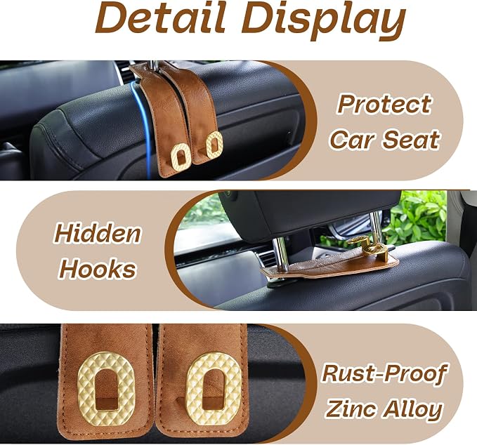 Car Headrest Hooks Universal Car Purse Hook Premium Leather and Alloy Twin Hook Car Seat Back Storage Hanger Hook for Purse Bags Cloth Drink Durable Holder Car Accessories (BH09-Brown-Gold-4 Pcs) - Image 5