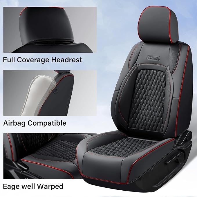 Coverado Chevy Chevrolet Silverado GMC Sierra Seat Covers Full Set, Custom Fit for 2014-2018 1500, 2015-2019 2500HD 3500HD Crew Double Extended Cab, Faux Waterproof Leather Seat Covers (Redline) - Image 4