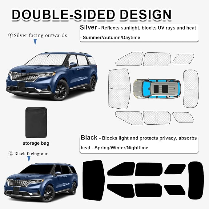 KMF 8pcs Thicken Sun Shades for Kia Carnival 2022-2025 2026 Accessories, Full Car Window Covers Sunshade for Windshield Side Rear, UV Block and Privacy Blackout for Car Camping Outdoor - Image 4