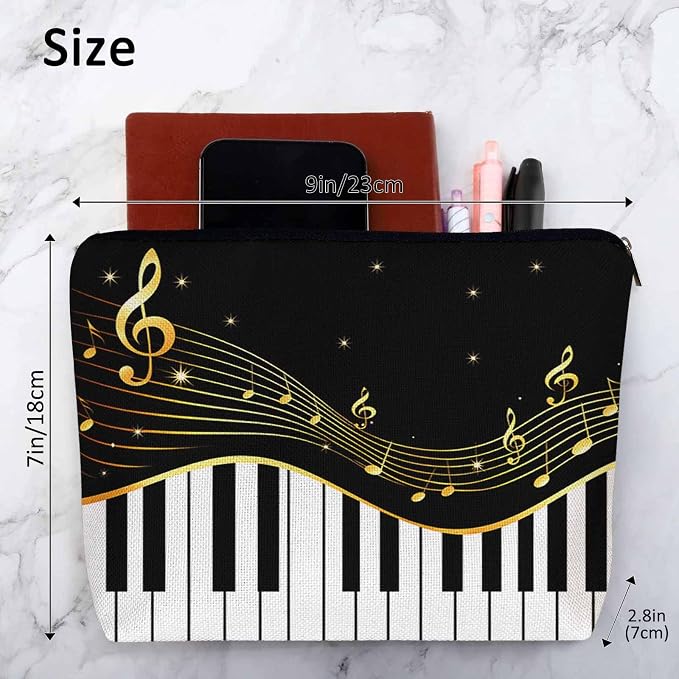 Women Makeup Organizer Bag Piano Music Notes Instrument Piano Flax Cosmetic Bag Makeup Bags Toiletry Bag Accessories Organizer Travel Bags For Home Bathroom Office Hotel Gym Black Golden - Image 4
