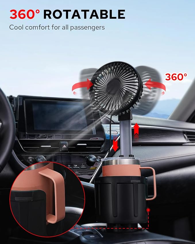 Benlari USB Car Fan with Cup Holder - Upgraded 2 in 1 Cup Fan Holder with 3 Powerful Speed Cooling Wind - Adjustable Extended Bracket Cup Holder for Vehicle Van Truck SUV RV - Image 3