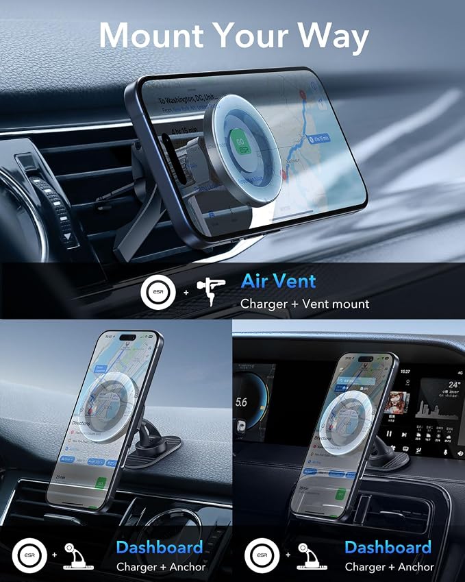 ESR for MagSafe Car Mount, Car Phone Holder for iPhone 17-12,Samsung/Google | Magnetic Phone Holder for Air Vent/Dashboard, for All Smartphones(2 Metal Rings Included), Charging Not Supported, Black - Image 6