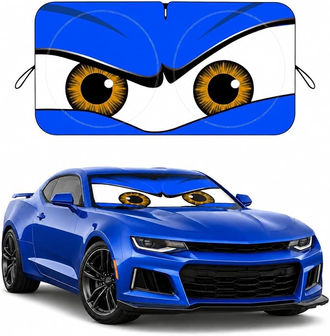 Car Windshield Sun Shade, Universal Fit Compact Sedan SUV, Monster Blue | 57 x 29.5" Car Sun Visor, Foldable Front Window Sunshade, UV Heat Protection, Cute Eyes Series by eygeufg