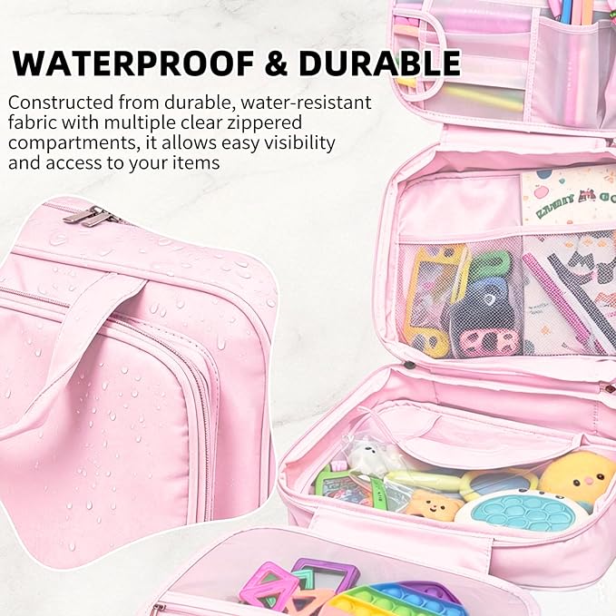 Kids Travel Organizer, Portable Storage Bag for Toys, Snacks, & Activities, Travel Waterproof Organizer Bags with Hook & Carry Handle, Multi-Compartment (Pink) - Image 4
