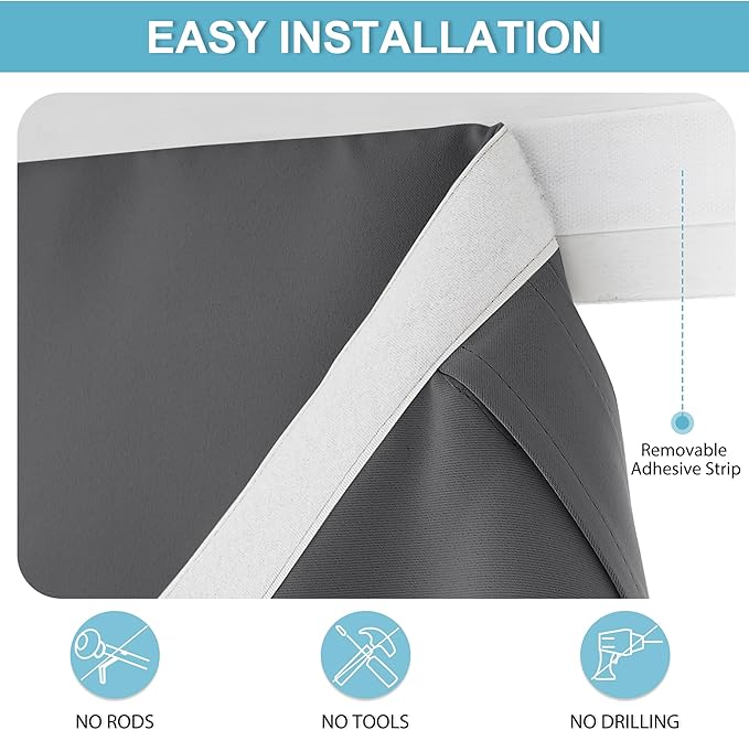 RYB HOME Blackout Door Window Curtain, Tie up Shades, W34 x L40, Grey | Self Adhesive, Privacy, Thermal Insulated, For Patio Kitchen Front Entry Front Back Door Glass Window, Renter Friendly - Image 2