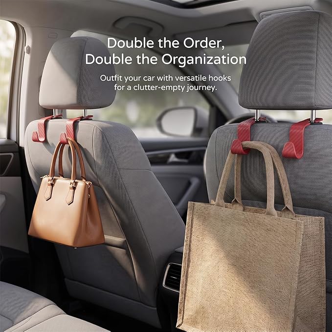 4 Pack Headrest Hooks for Vehicle Seats, Carbon Fiber/Red | rear-row hanging storage, supports bags coats and groceries, fits matching headrest posts, interior accessory - Image 6