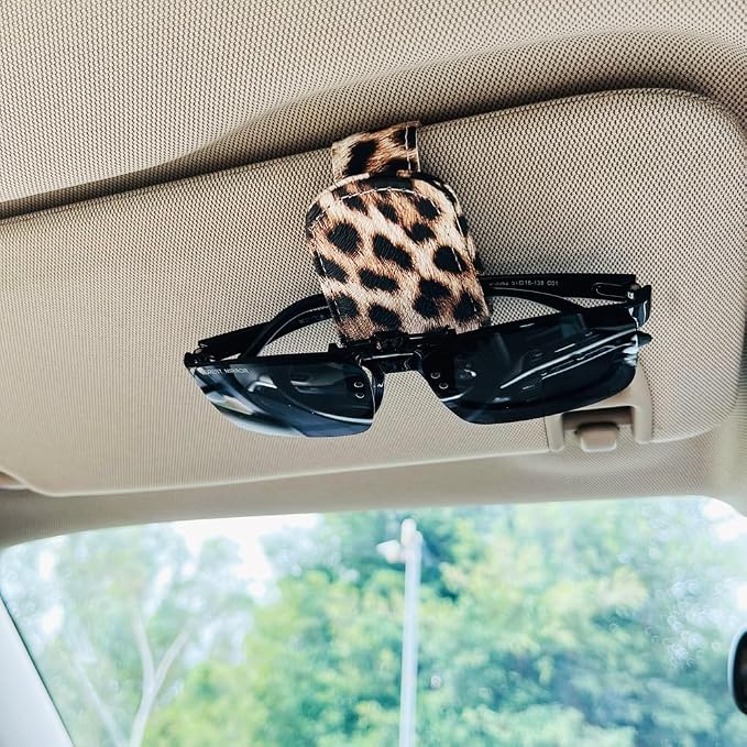 Sunglass Holder for Car Visor, Cheetah Leopard Magnet Sunglasses Holder for car Leather Sunglasses Holder and Ticket Card Clip Car Visor Accessories by FLYEEGO