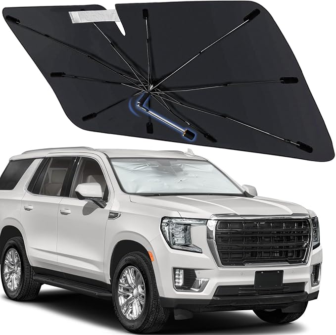 Windshield Sun Shade Umbrella for GMC Yukon 2021-2024 Front Window | Foldable Sunshade with 360° Rotating Shaft, Custom Fit Car Shades for Ram ProMaster Accessories with UV & Heat Protection by Visufy