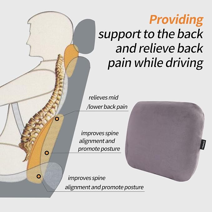 Latex Lumbar Support Pillow for Car Seat Cushion Lower Back Pain Relief | Memory Foam Suede, Thin Waist Support, Ergonomic, Office Chair, Driver Road Trip Accessories for Women Men, Grey - Image 3