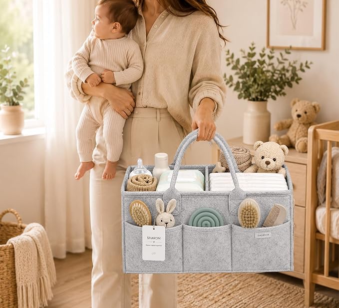 SHAROM Diaper Caddy Organizer for Baby, Portable Diaper Caddy Basket, Felt Baby Diaper Caddy & Baby Caddy Organizer, Caddy for Baby Stuff, Diaper Organizer for Changing Table, Car & Nursery, Gray - Image 6