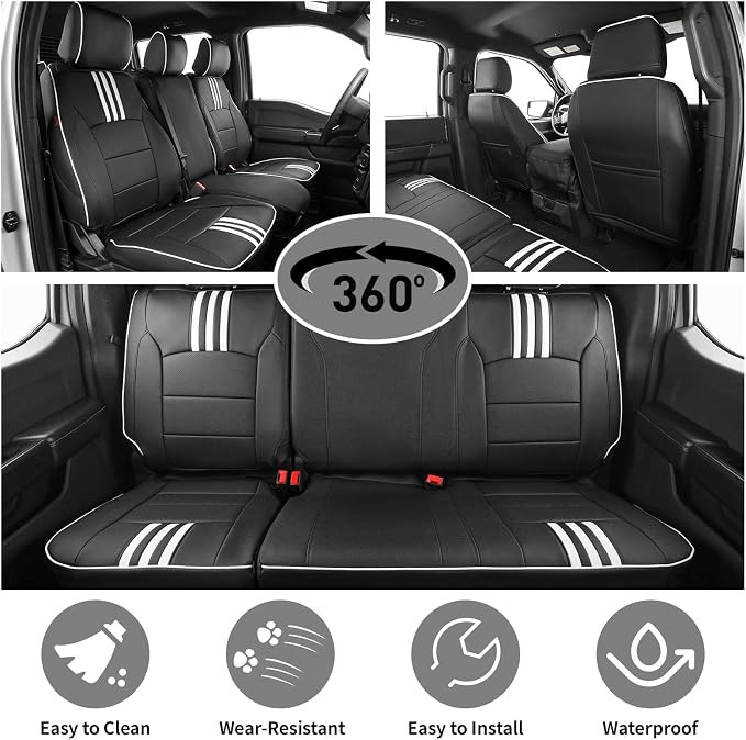 EKR F150 Seat Covers Custom Fit for (SuperCab) Ford F-150 STX 2024-2026 & F150 XL/XLT 2021-2026 & Lariat 2021-2022 Full Set,(2 Door,Rear W/NO Armrest) -Faux Leather(Black with White Trim) - Image 4