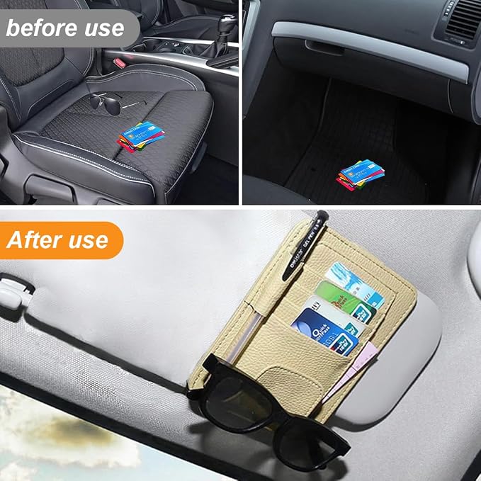 GLSOWEE Leather Car Sun Visor Organizer Clip with Sunglasses Holder, Beige | Universal Car Truck Visor Document Holder, Auto Visor Pocket Storage Pouch for Bill Card Registration/Driving License Pen - Image 5