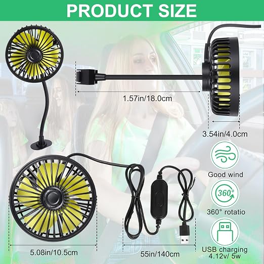 Glooglitter 2 Pcs Car Fan USB for Rear Seat Passenger Portable Headrest 360 Degree Rotatable 3 Speed 12v/ 24v Automobile Ventilation Fan with Clip for SUV Backseat, RV, Vehicles(Practical,Black) - Image 2