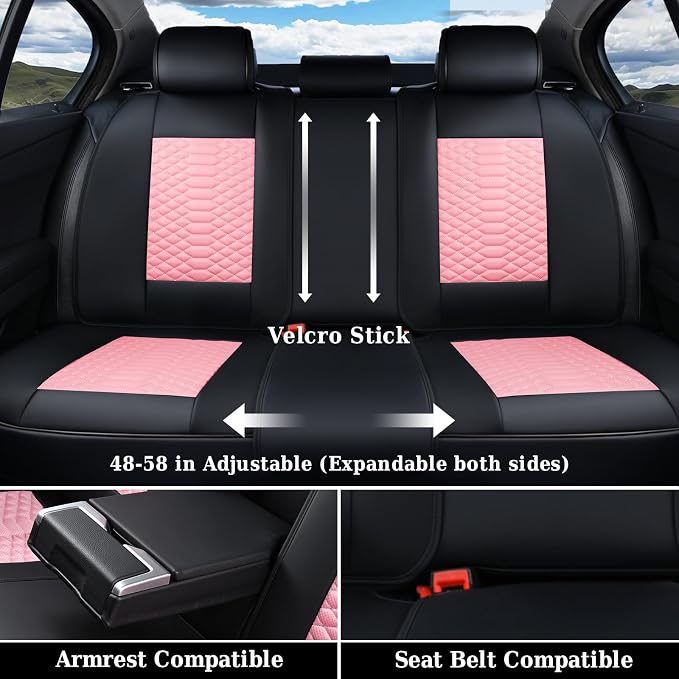 Coverado Seat Covers Full Set, Waterproof Nappa Leather Seat Covers for Cars, 5 Seats Universal Car Seat Protectors, Black and Pink Leather Car Seat Covers Car Seat Cushions Fit for Most Cars - Image 3