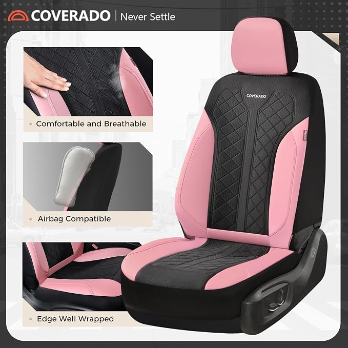 Coverado Car Seat Covers 2-Pack, Luxury Front Seat Covers, Automotive Car Seat Protectors, Pink Driver Seat Covers Universal Fit for SUVs, Trucks, Sedans - Image 2