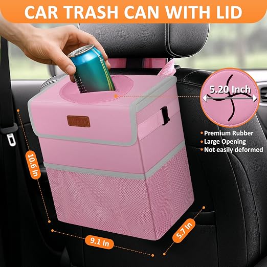 Vankor Car Trash Can with Lid Leak Proof Car Accessories for Women | 2.2 Gallon Cute Hanging Car Trash Bin for Men Car Truck Vehicle Sedan SUV Interior Automotive Garbage Cans, Pink - Image 2