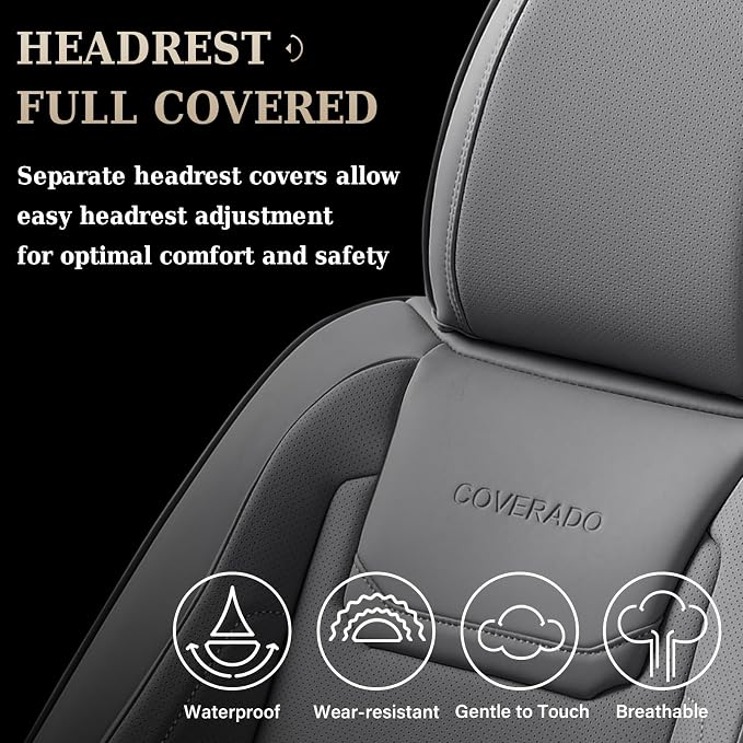 Coverado Car Seat Covers Full Set, Seat Covers for Cars, Car Seat Cover, Car Seat Protector Waterproof, Leather Car Seat Cushion, Universal Car Interior Covers Seat Protectors for Most Cars Gray - Image 4