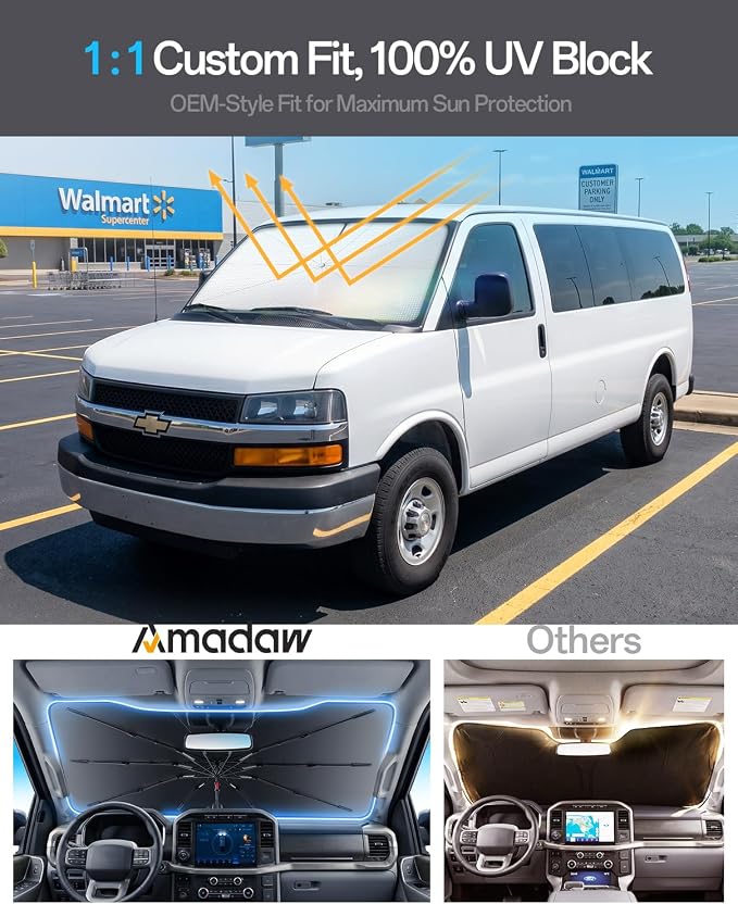 Windshield Sun Shade for Chevrolet Express 1500 2000–2026, Foldable Umbrella Sunshade with 100% UV Block, Multi-Layer Heat Insulation, Reinforced 10-Rib Frame, Keeps Car Cooler - Image 3