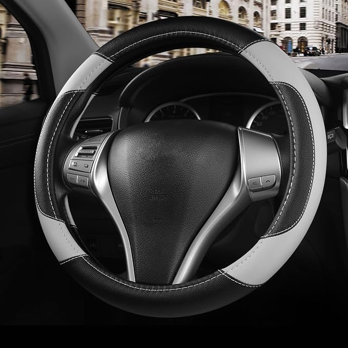Leather Steering Wheel Cover for Ford F-150, Ram, Tundra, Tacoma, 15.5"-16" | Large-Size Fits Cars Trucks, Microfiber Leather, Anti-Slip Breathable Auto Steering Wheel Protector, Grey by Szttswamp