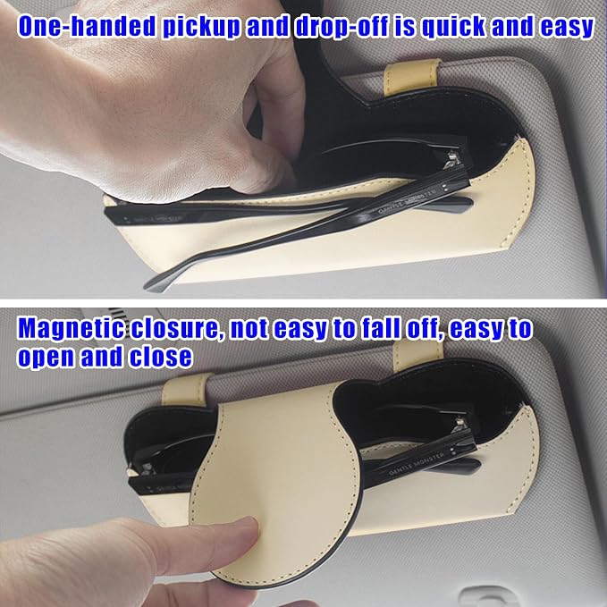 Ohleats Sunglasses Holder for Car Visor, Magnetic Leather Automotive Glasses Case, Vehicle Sun Visor Eyeglasses Holder Protective Storage Box, Universal Interior Car Accessories (Beige) - Image 4