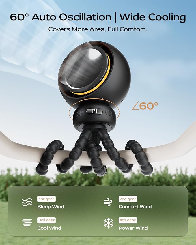 Stroller Fan, Portable Baby Fan with 60° Auto Oscillation, Black | Flexible Tripod Design, USB-C Rechargeable, Long Battery Life, Quiet Motor, 4-Speed Cooling - Image 3