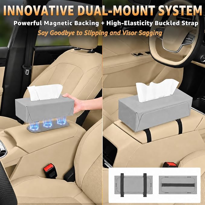 Car Tissue Holder with Magnetic & Strap Mount, Gray, 1 Pack | PU Faux Leather, For Sun Visor, Seat Back, Console, Refrigerator, Fits Standard Tissue Packs - Image 2